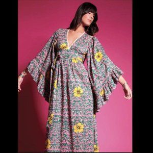 La Dovitch Floral Printed Maxi dress Robe Paris Bell Sleeves Ruffle M New